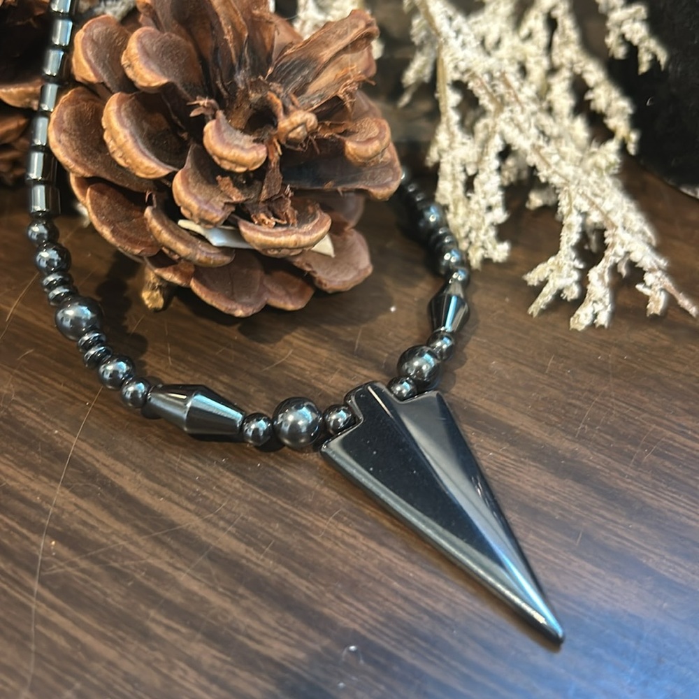 Hematite Bead Necklace with Arrow Head Pendant